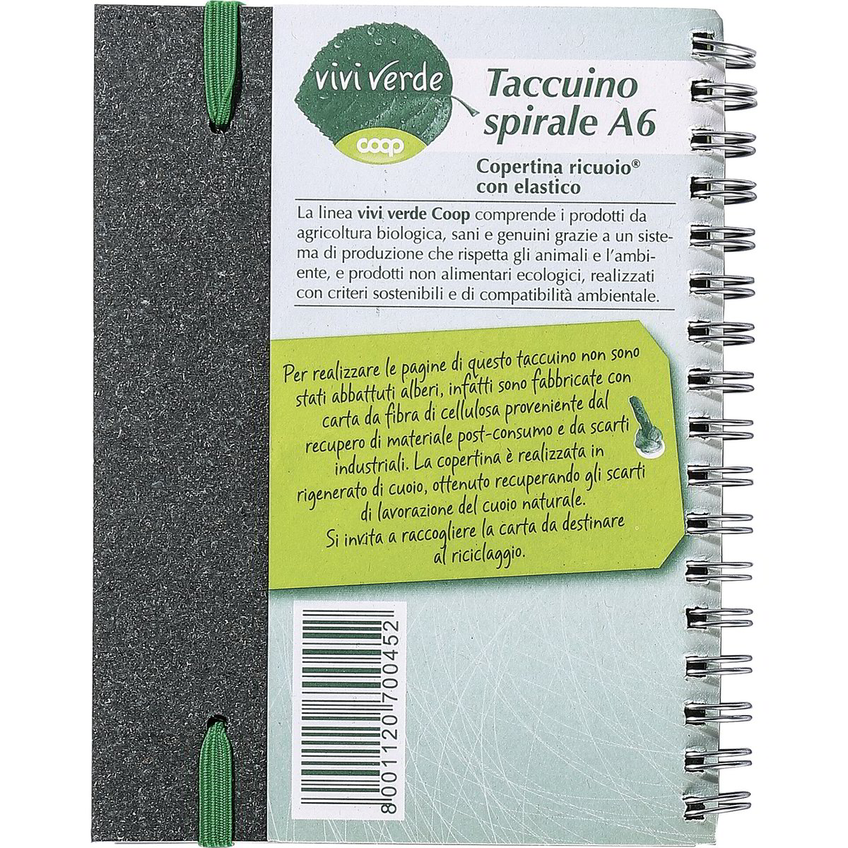 Taccuino Spirale A6 Copertina Ricuoio Con Elastico COOP VIVI VERDE 1