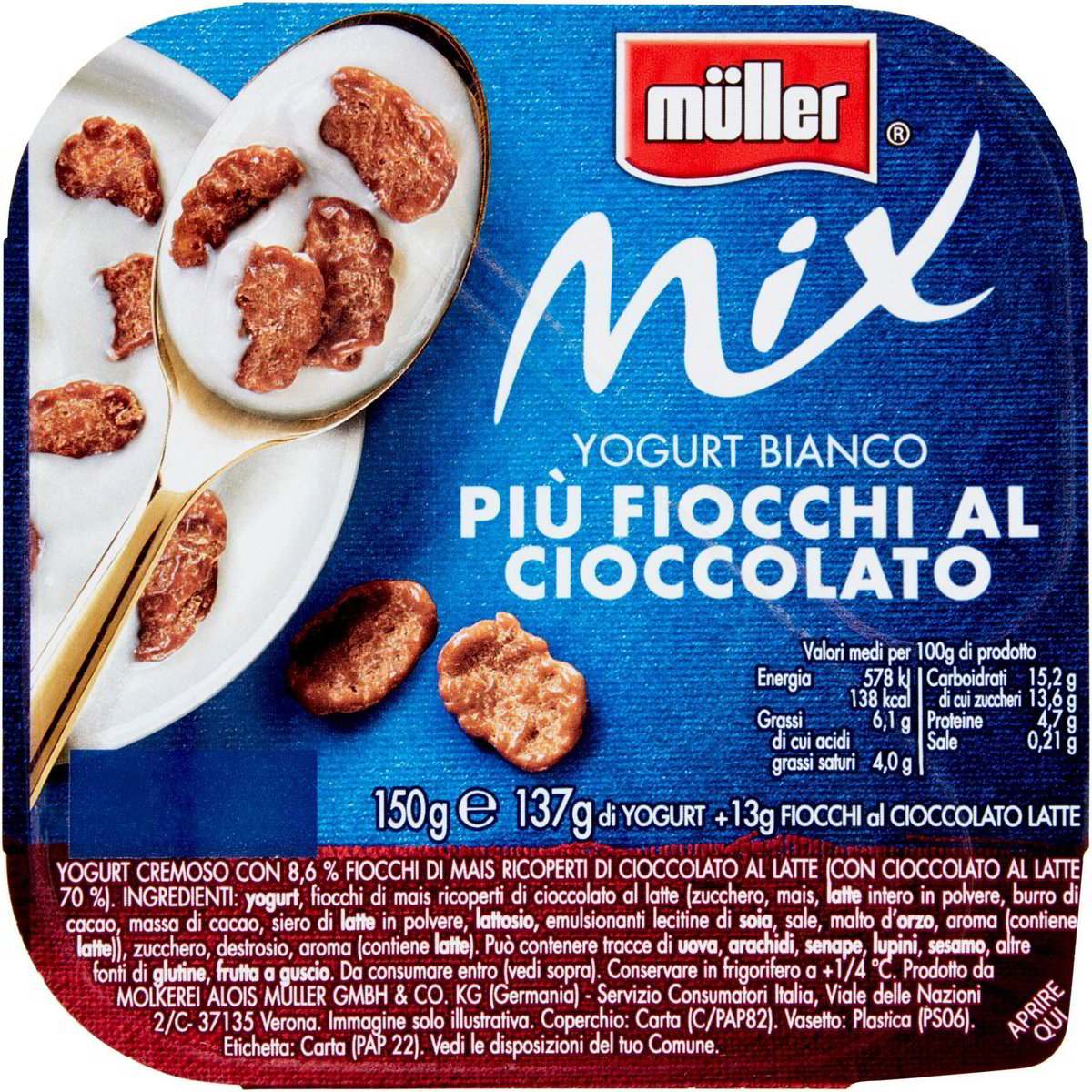 Yogurt intero bianco mix con fiocchi di cioccolato MULLER 150 G