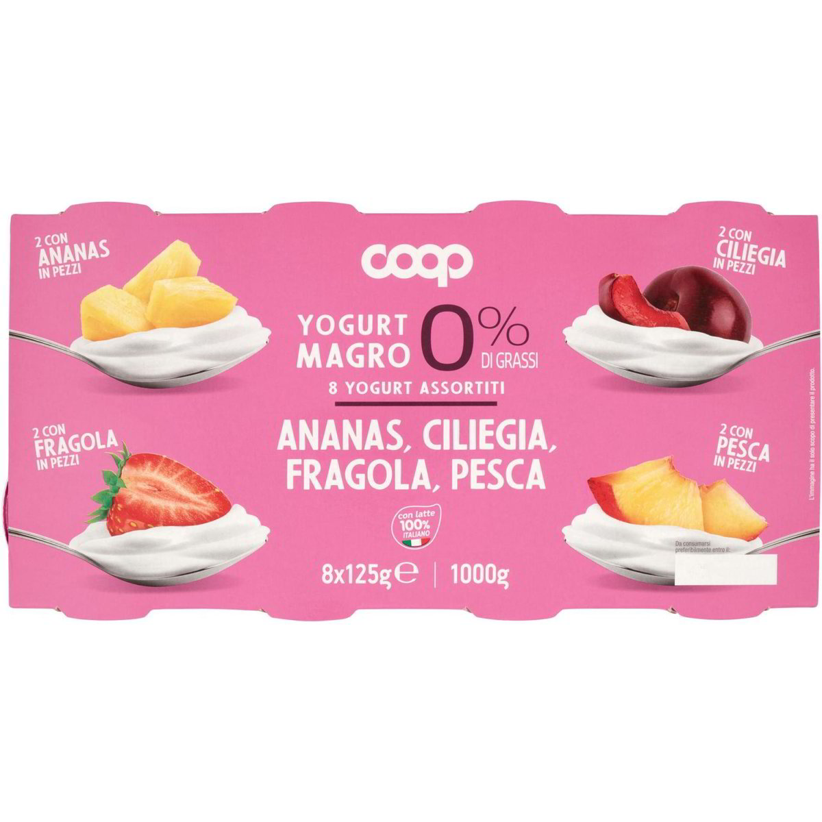 Yogurt magro alla pesca/ciliegia/fragola/ananas COOP 8 X 125 G